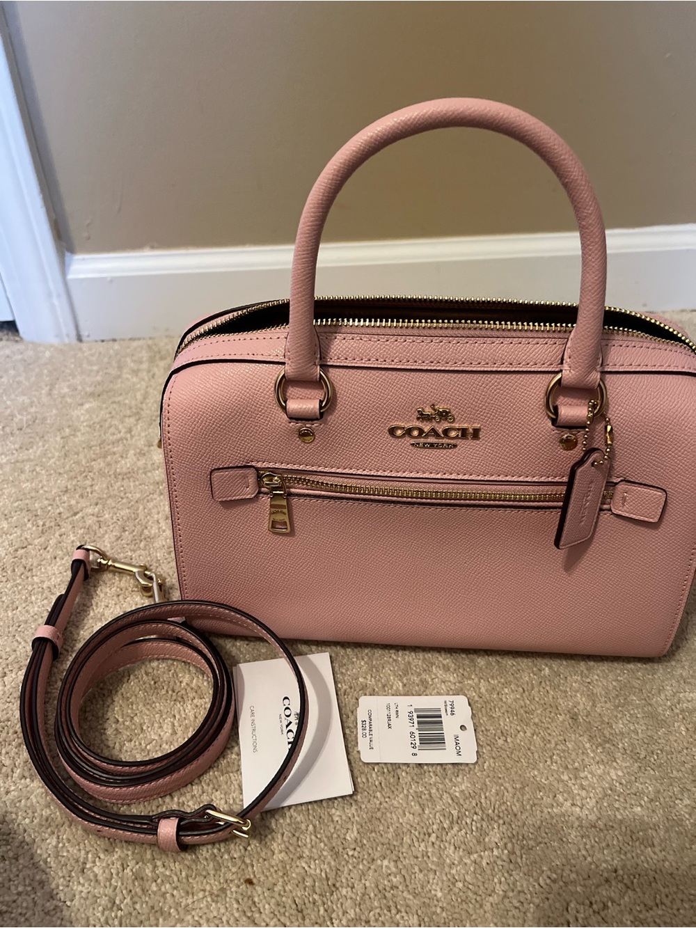 COACH Blossom/Pink Rowan in Saffiano Leather Satchel with Gold Hardware